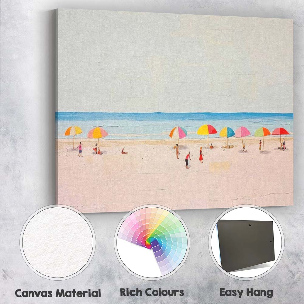 Minimalist Summer Beach Scene Colourful Parasols Coastal Canvas Wall Art Print Decor Picture Ready to Hang