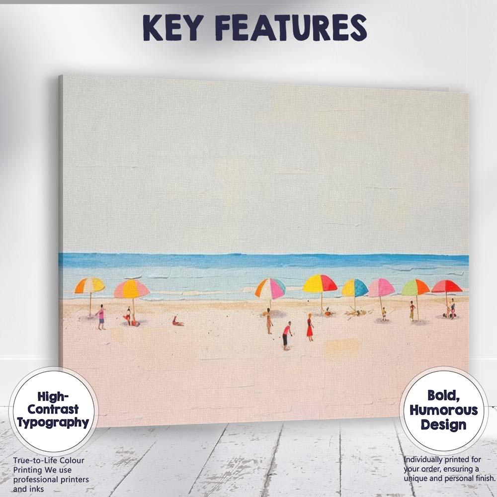 Minimalist Summer Beach Scene Colourful Parasols Coastal Canvas Wall Art Print Decor Picture Ready to Hang