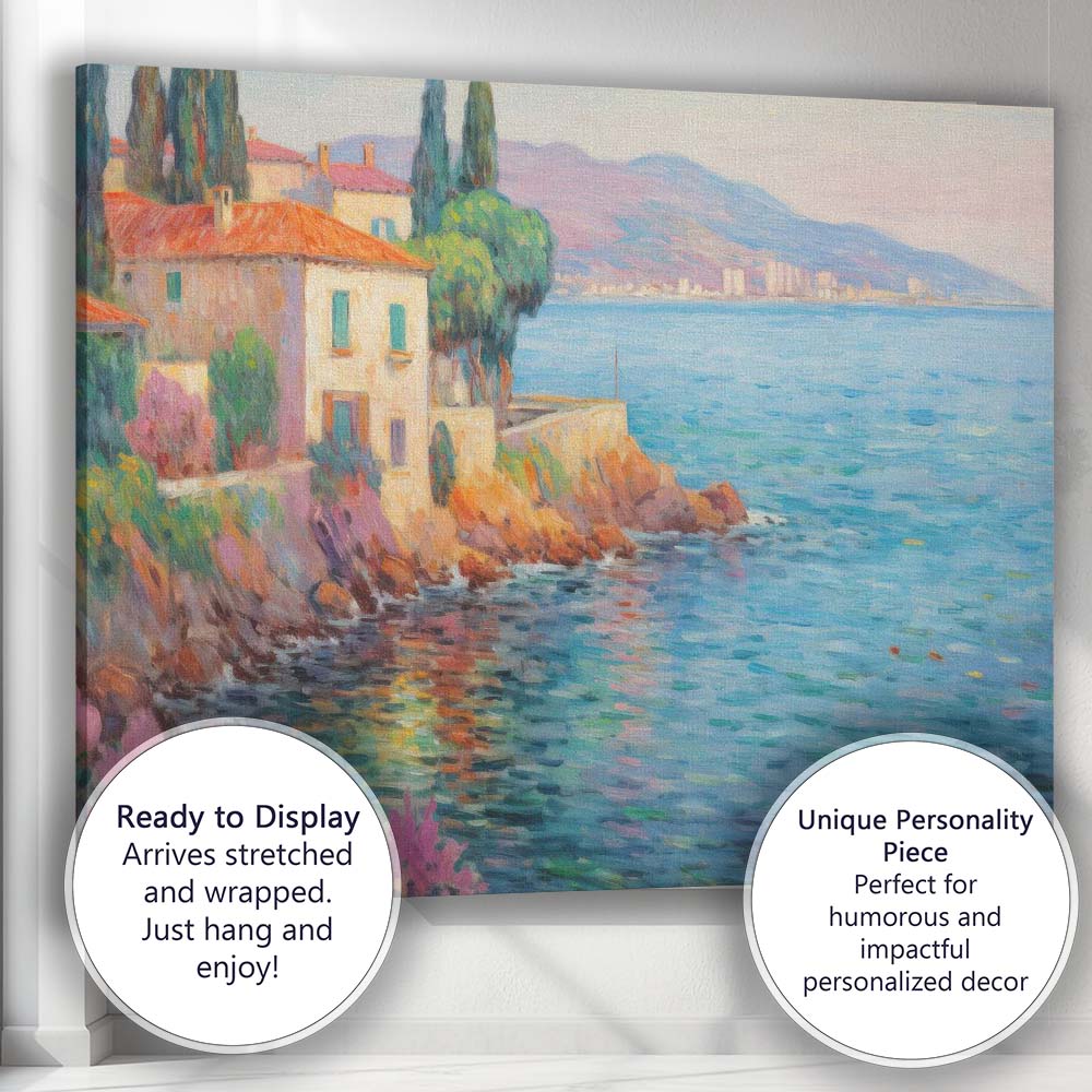 Coastal Mediterranean Villa Ocean View Impressionist Landscape Canvas Wall Art Print Decor Picture Ready to Hang
