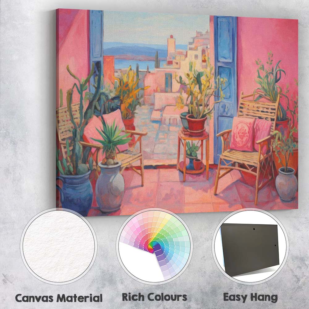 Bohemian Mediterranean Courtyard Interior Pink Blue Door Canvas Wall Art Print Decor Picture Ready to Hang
