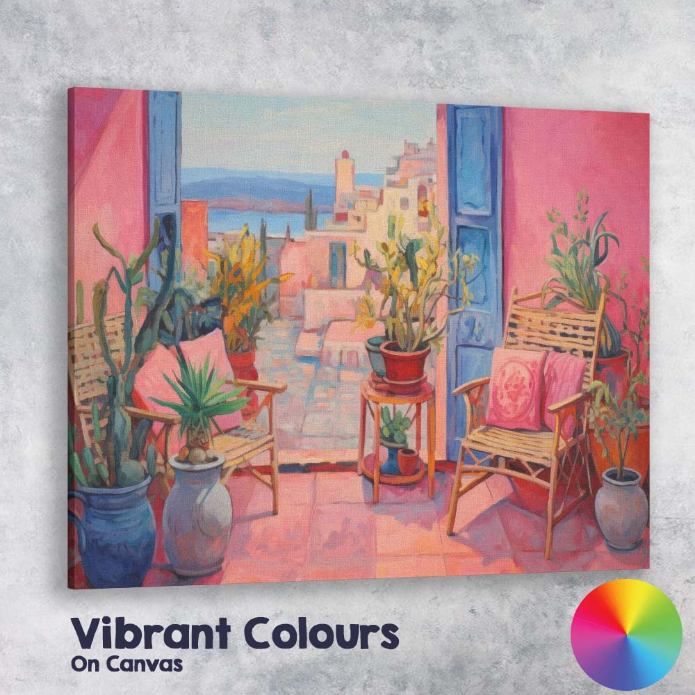 Bohemian Mediterranean Courtyard Interior Pink Blue Door Canvas Wall Art Print Decor Picture Ready to Hang