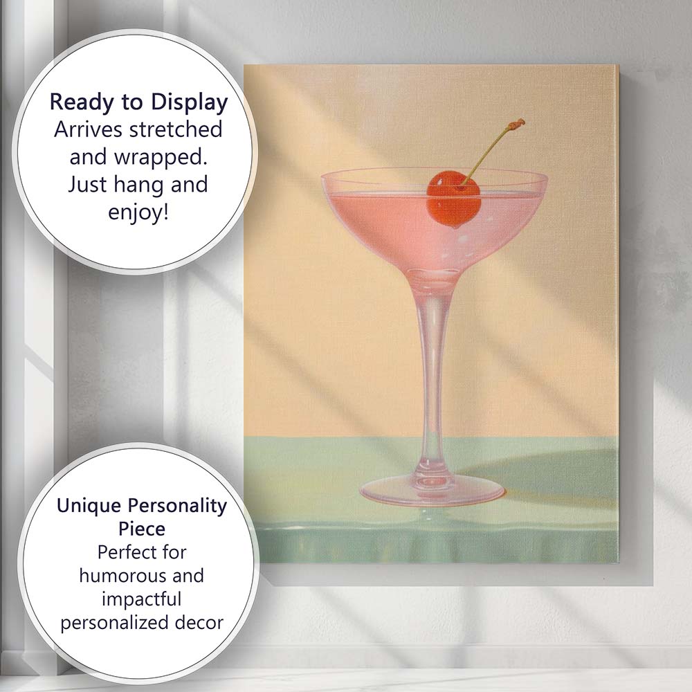 Minimalist Pink Cherry Cocktail Glass Still Life Canvas Wall Art Print Decor Picture Ready to Hang