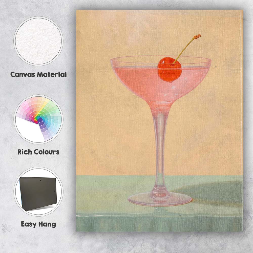 Minimalist Pink Cherry Cocktail Glass Still Life Canvas Wall Art Print Decor Picture Ready to Hang