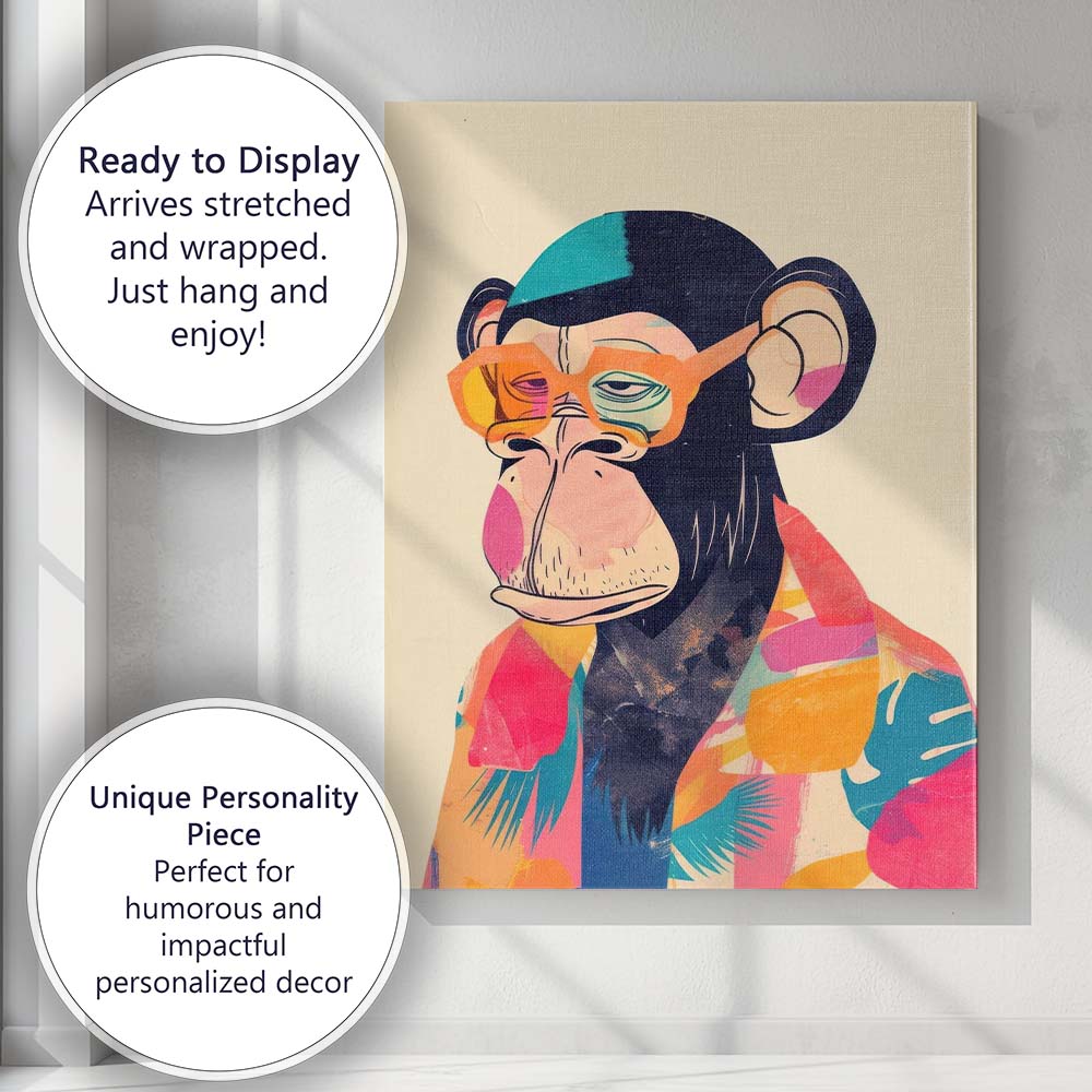Fashionable Chimpanzee Wearing Colourful Glasses Modern Pop Art Portrait Canvas Wall Art Print Decor Picture Ready to Hang