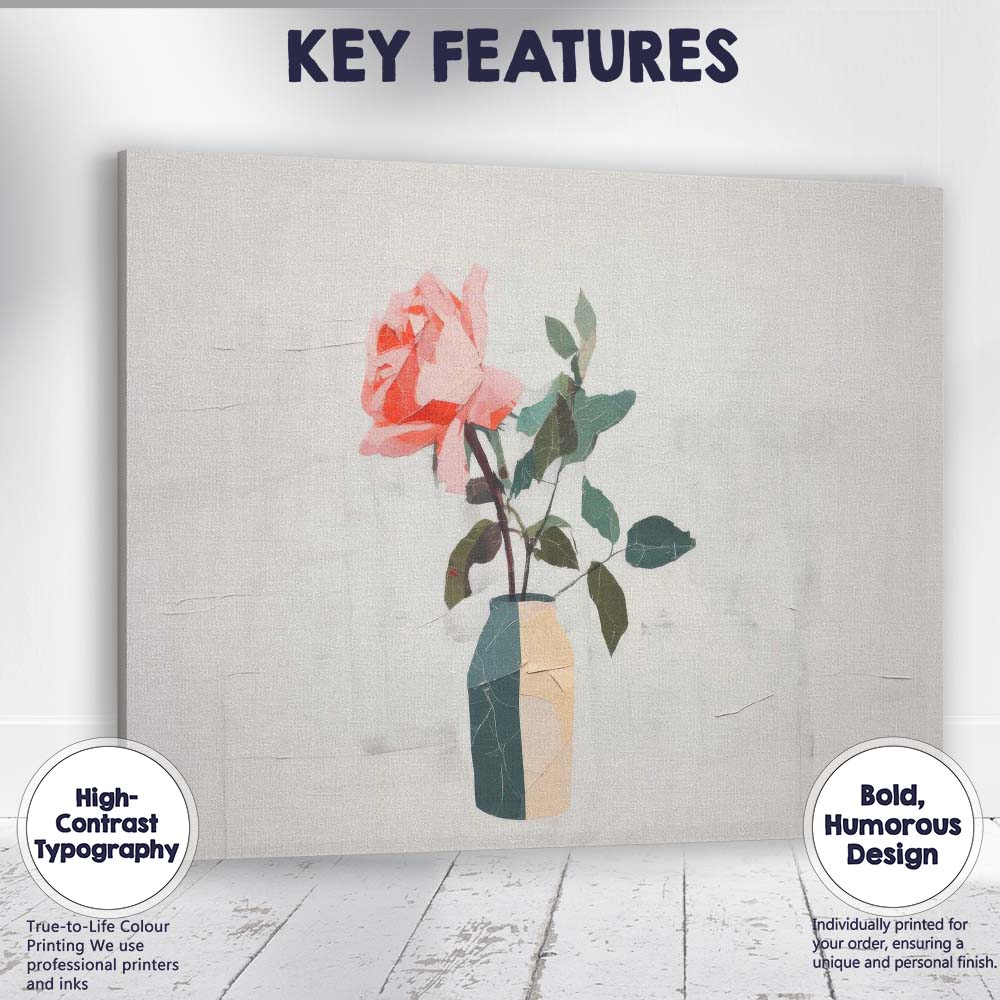 Minimalist Pink Rose Botanical Vase Still Life Canvas Wall Art Print Decor Picture Ready to Hang