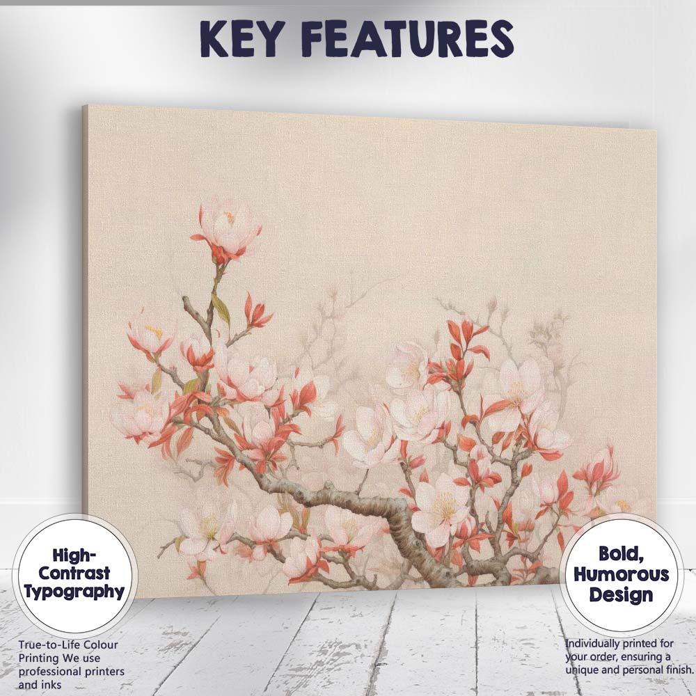 Elegant Soft Pink Magnolia Blossom Botanical Branch Canvas Wall Art Print Decor Picture Ready to Hang