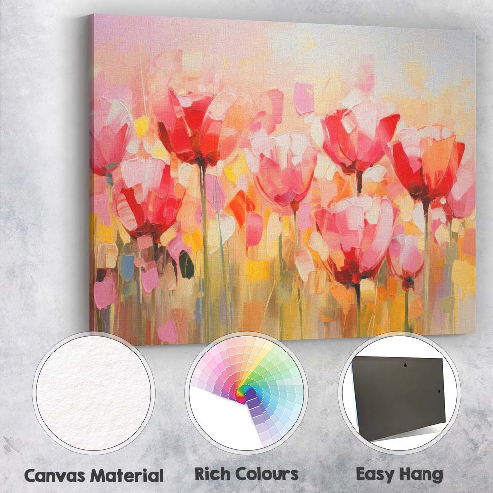 Vibrant Pink Tulip Field Abstract Floral Painting Canvas Wall Art Print Decor Picture Ready to Hang