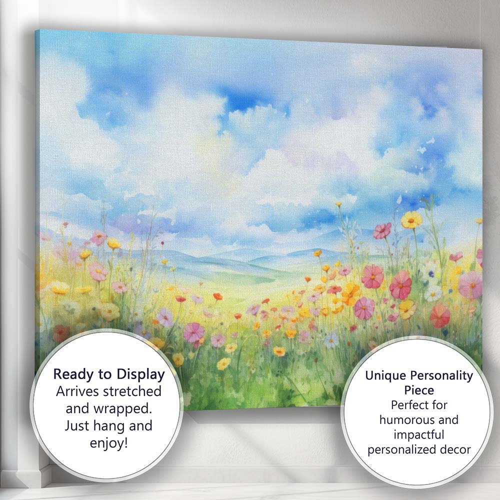 Soft Watercolour Wildflower Meadow Blue Sky Landscape Canvas Wall Art Print Decor Picture Ready to Hang