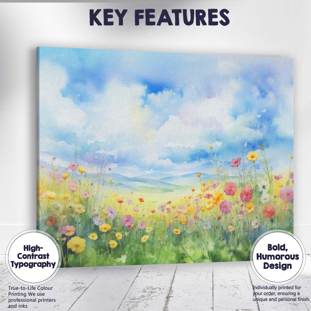 Soft Watercolour Wildflower Meadow Blue Sky Landscape Canvas Wall Art Print Decor Picture Ready to Hang