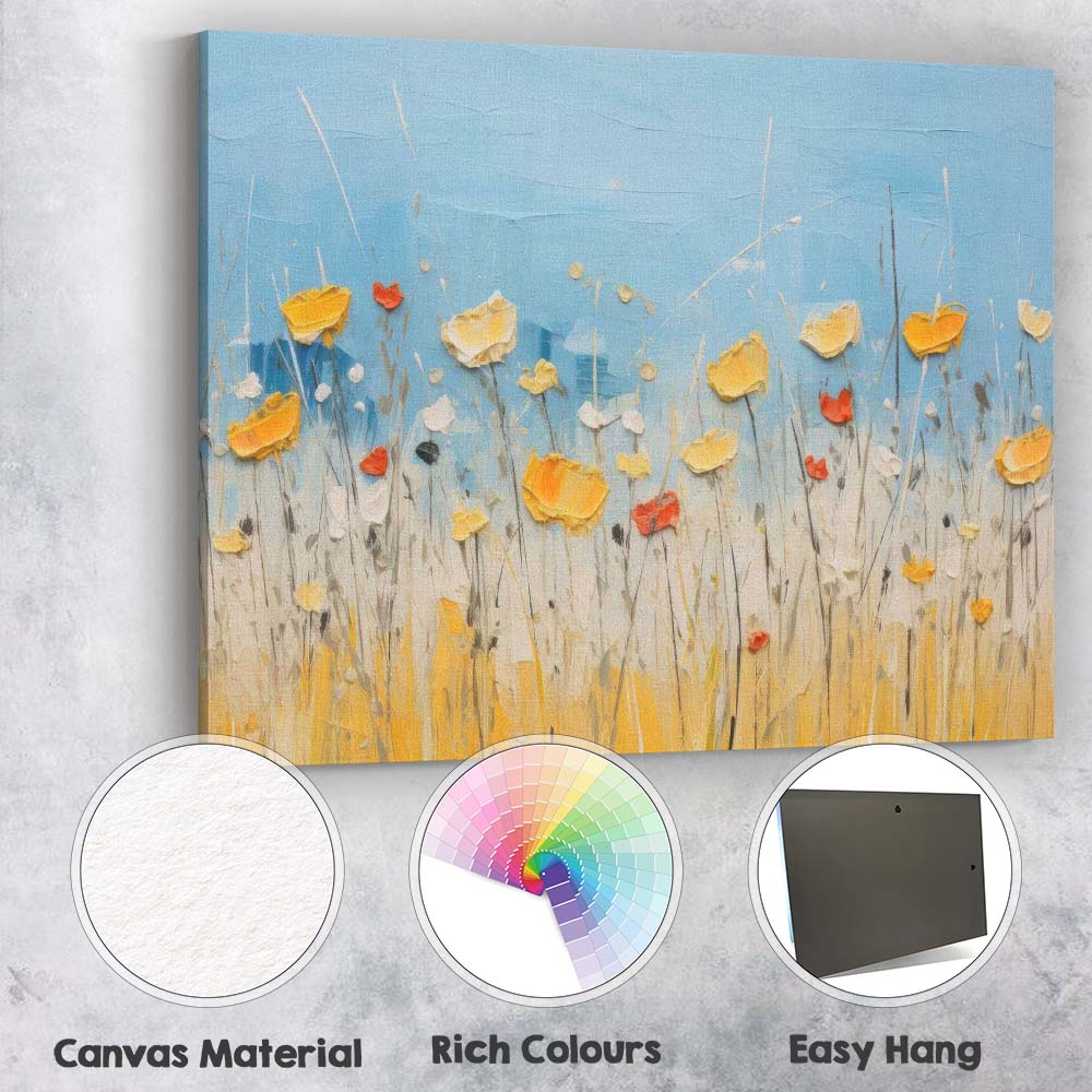Blue and Gold Wildflower Meadow Textured Abstract Canvas Wall Art Print Decor Picture Ready to Hang