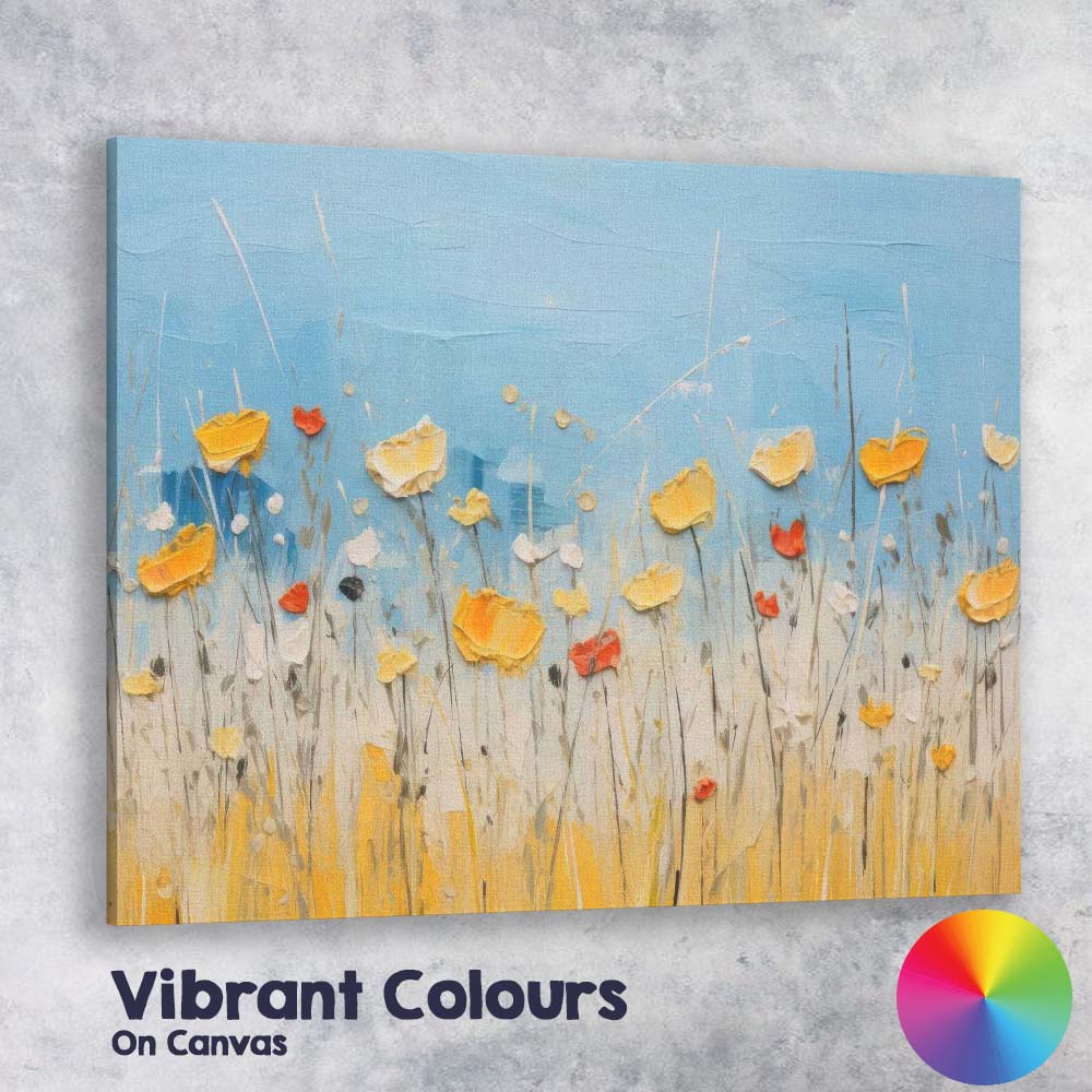 Blue and Gold Wildflower Meadow Textured Abstract Canvas Wall Art Print Decor Picture Ready to Hang
