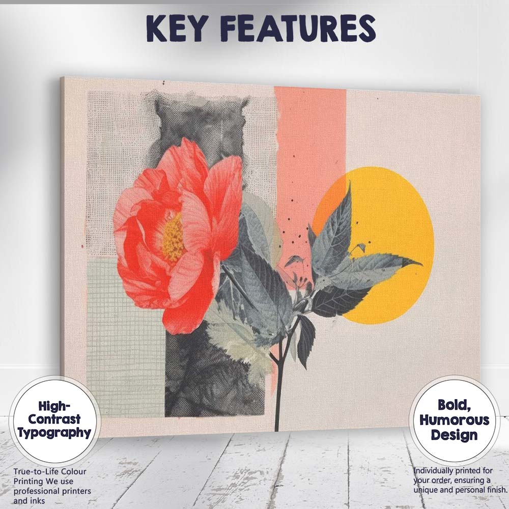 Modern Coral Rose Geometric Collage Floral Canvas Wall Art Print Decor Picture Ready to Hang