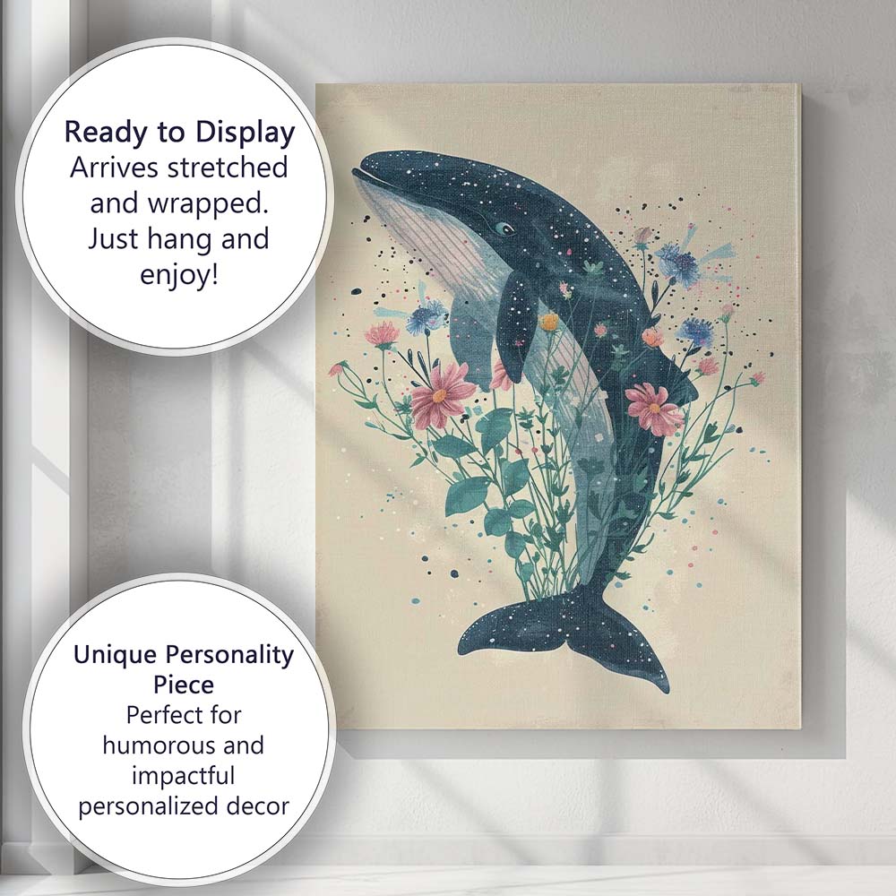 Watercolour Blue Whale Surrounded By Wildflowers Botanical Animal Illustration Canvas Wall Art Print Decor Picture Ready to Hang