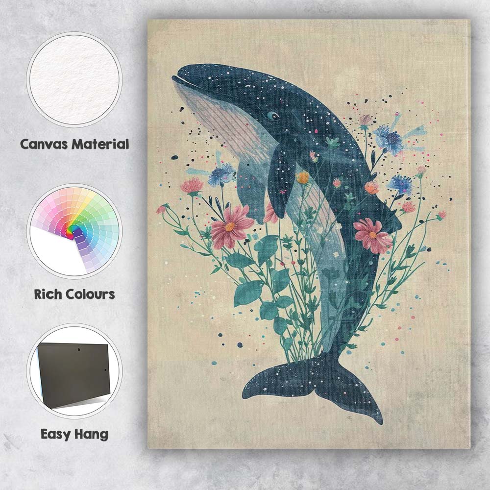 Watercolour Blue Whale Surrounded By Wildflowers Botanical Animal Illustration Canvas Wall Art Print Decor Picture Ready to Hang