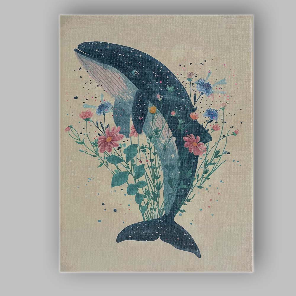 Watercolour Blue Whale Surrounded By Wildflowers Botanical Animal Illustration Canvas Wall Art Print Decor Picture Ready to Hang