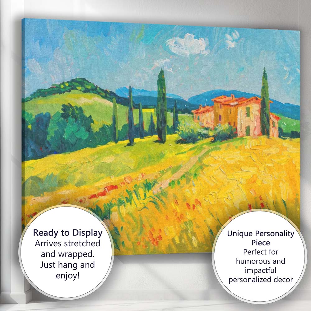 Sunlit Tuscany Countryside Rolling Hills And Cypress Trees Oil Painting Canvas Wall Art Print Decor Picture Ready to Hang