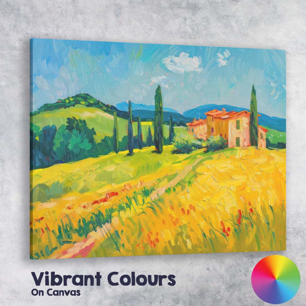 Sunlit Tuscany Countryside Rolling Hills And Cypress Trees Oil Painting Canvas Wall Art Print Decor Picture Ready to Hang