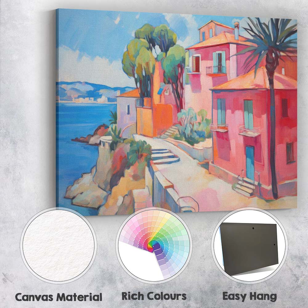 Pink Mediterranean Coastal Villas Seaside Village Impressionist Painting Canvas Wall Art Print Decor Picture Ready to Hang