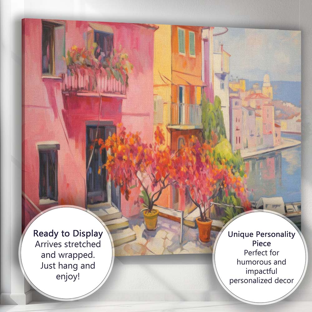 Romantic Canal Side Mediterranean Town With Blooming Flowers Canvas Wall Art Print Decor Picture Ready to Hang