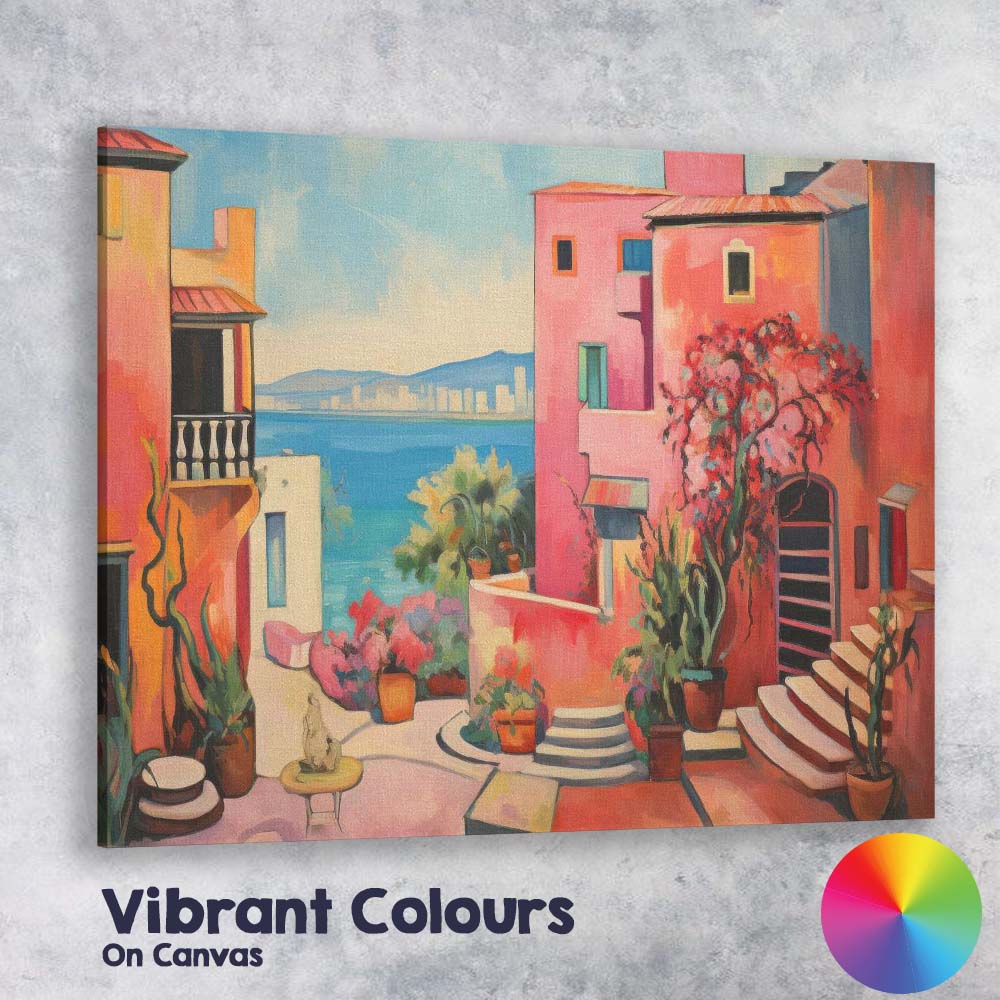 Pink Mediterranean Courtyard With Coastal Sea View Oil Painting Canvas Wall Art Print Decor Picture Ready to Hang