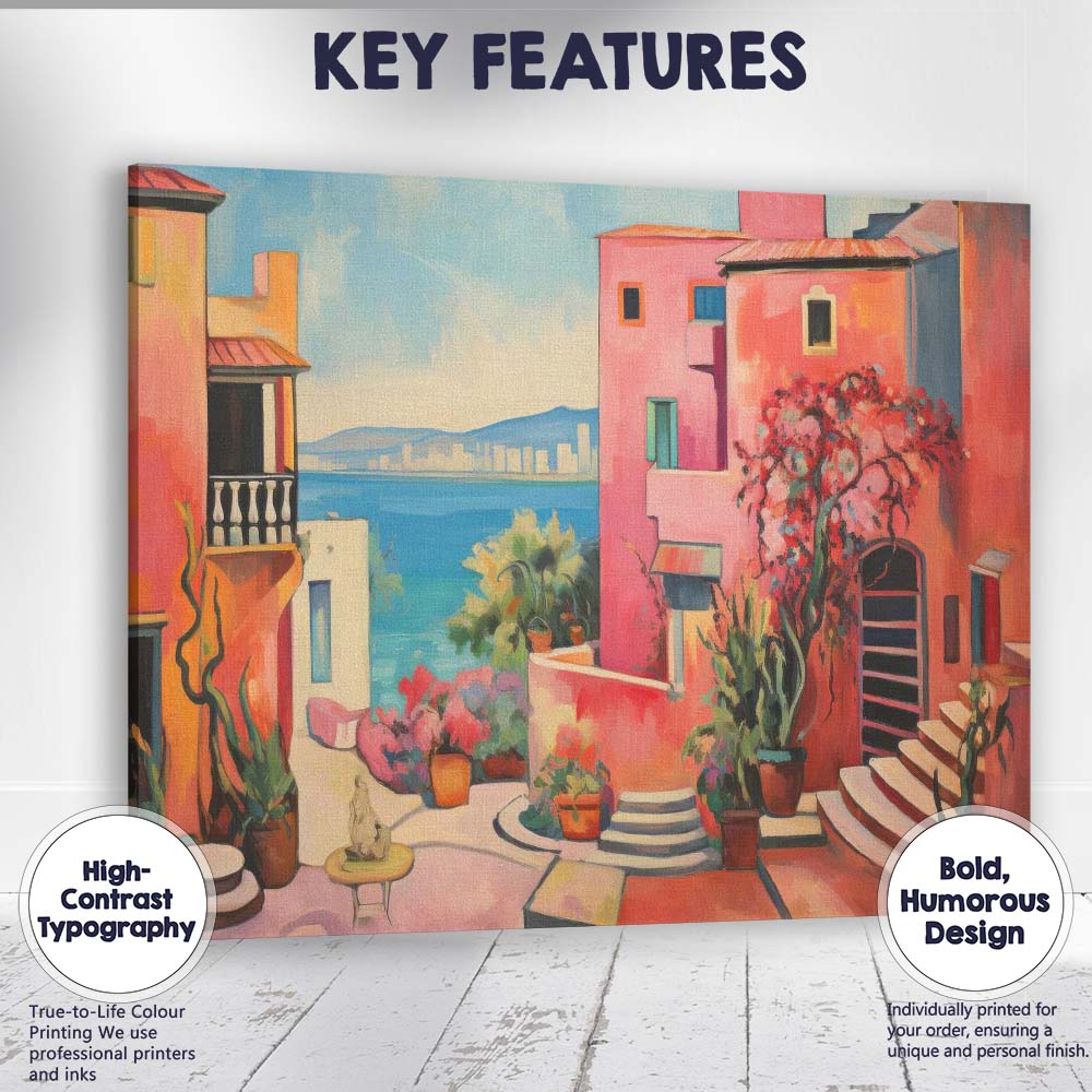 Pink Mediterranean Courtyard With Coastal Sea View Oil Painting Canvas Wall Art Print Decor Picture Ready to Hang
