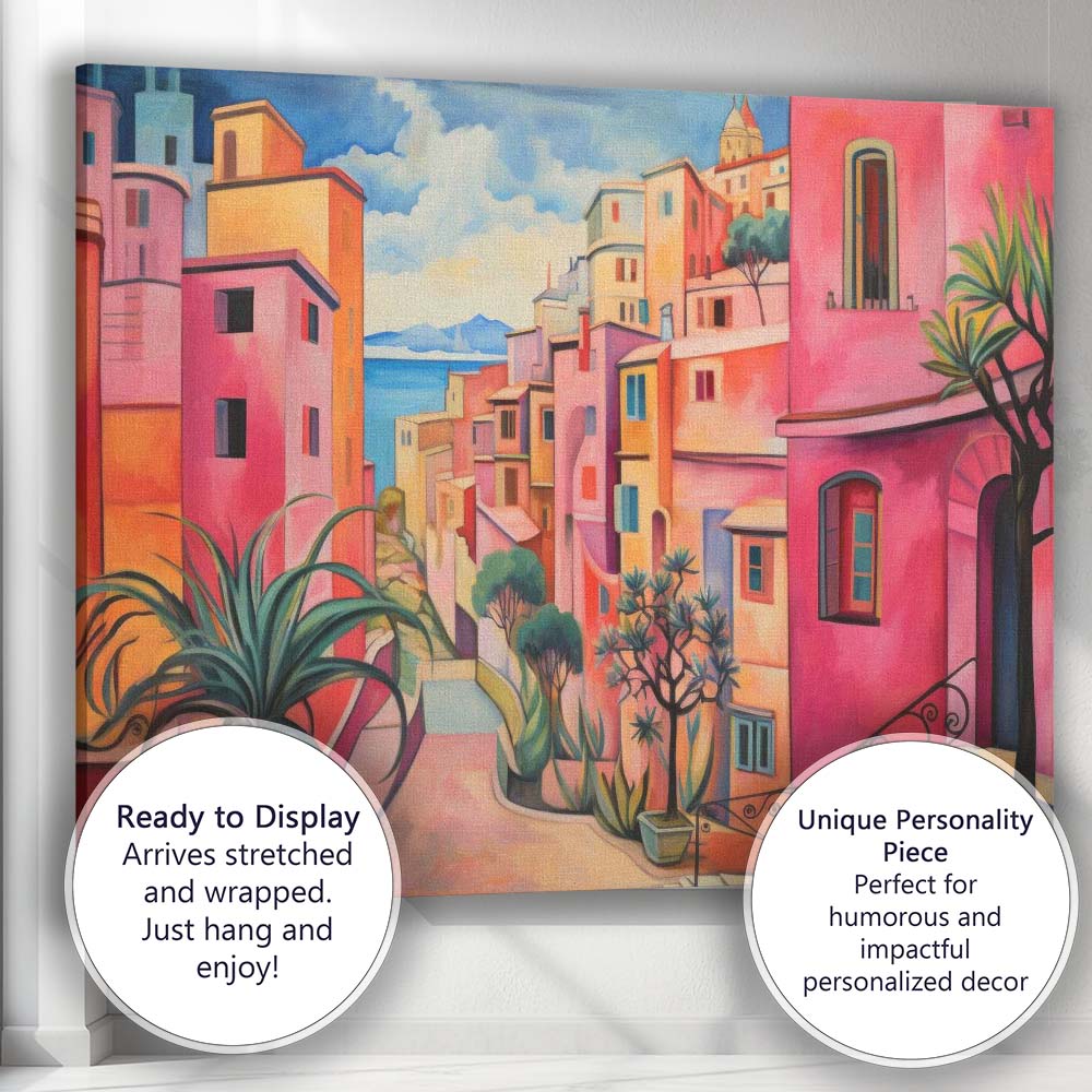 Colourful Mediterranean Coastal Village Street Impressionist Cityscape Canvas Wall Art Print Decor Picture Ready to Hang