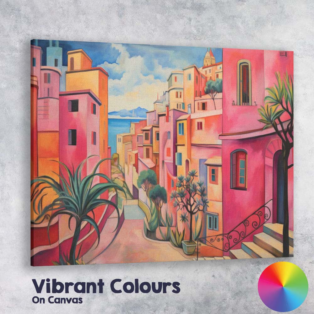 Colourful Mediterranean Coastal Village Street Impressionist Cityscape Canvas Wall Art Print Decor Picture Ready to Hang