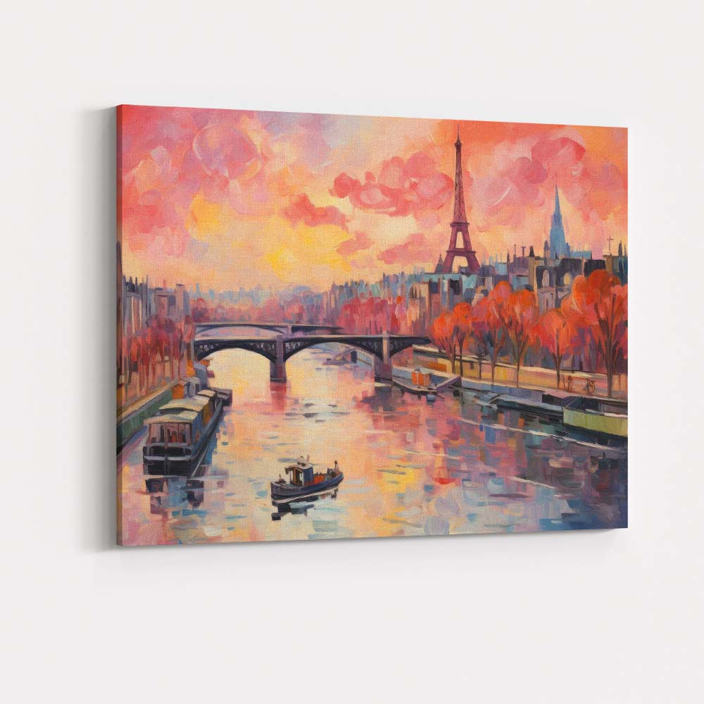 Romantic Paris Eiffel Tower Sunset River Cityscape Impressionist Canvas Wall Art Print Decor Picture Ready to Hang