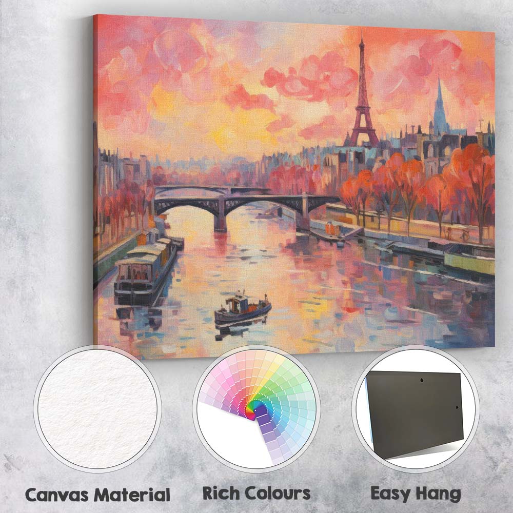 Romantic Paris Eiffel Tower Sunset River Cityscape Impressionist Canvas Wall Art Print Decor Picture Ready to Hang