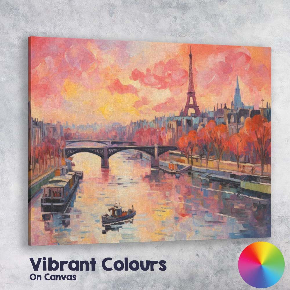 Romantic Paris Eiffel Tower Sunset River Cityscape Impressionist Canvas Wall Art Print Decor Picture Ready to Hang