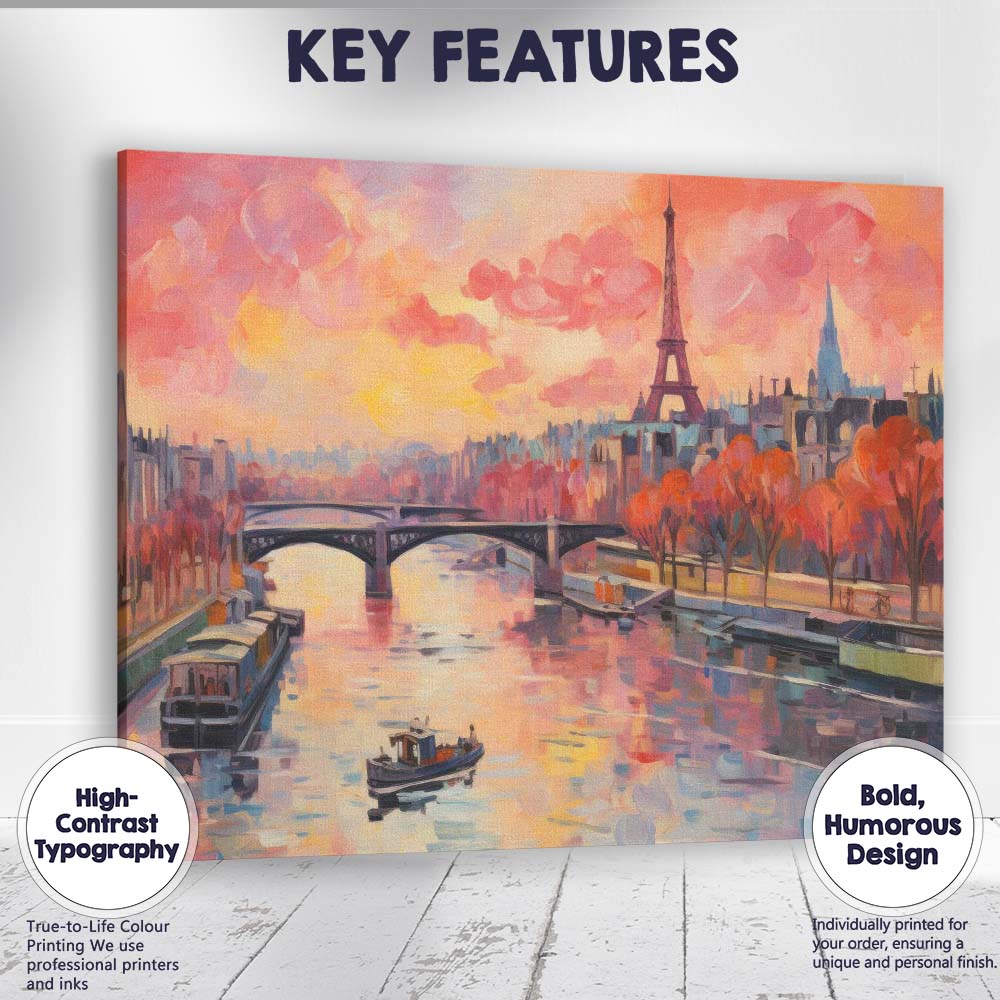 Romantic Paris Eiffel Tower Sunset River Cityscape Impressionist Canvas Wall Art Print Decor Picture Ready to Hang