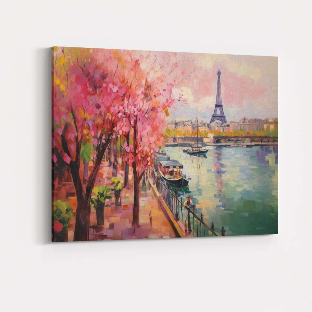 Pink Cherry Blossom Paris Riverside Eiffel Tower Impressionist Landscape Canvas Wall Art Print Decor Picture Ready to Hang