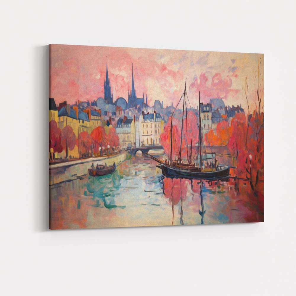 Autumn Riverside Harbour Historic European Town Impressionist Landscape Canvas Wall Art Print Decor Picture Ready to Hang