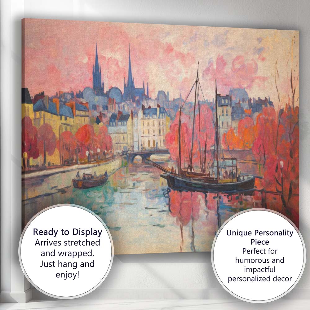 Autumn Riverside Harbour Historic European Town Impressionist Landscape Canvas Wall Art Print Decor Picture Ready to Hang
