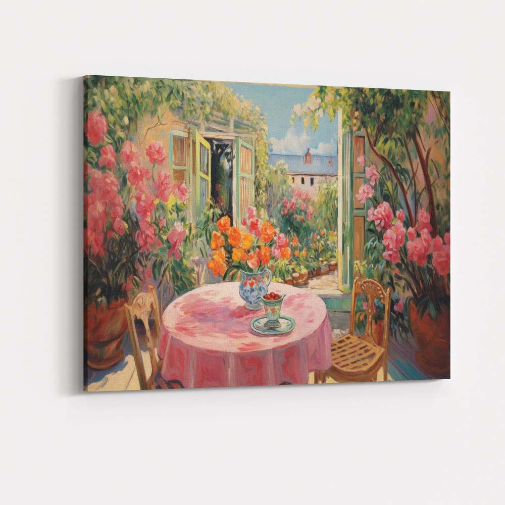 Sunlit Garden Patio With Open French Doors Floral Impressionist Canvas Wall Art Print Decor Picture Ready to Hang
