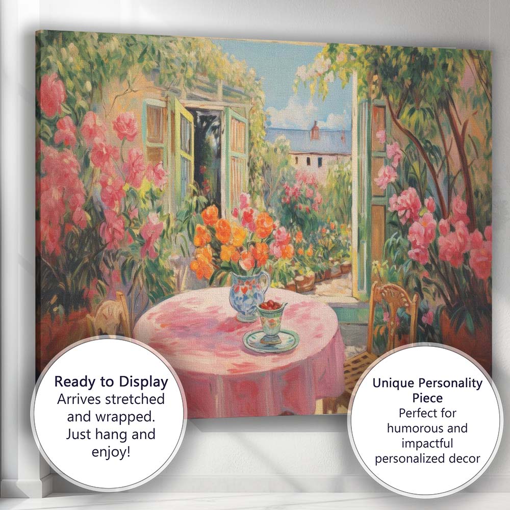 Sunlit Garden Patio With Open French Doors Floral Impressionist Canvas Wall Art Print Decor Picture Ready to Hang