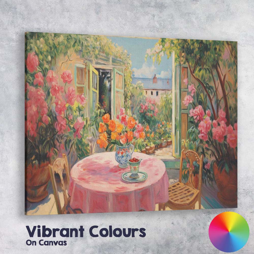 Sunlit Garden Patio With Open French Doors Floral Impressionist Canvas Wall Art Print Decor Picture Ready to Hang