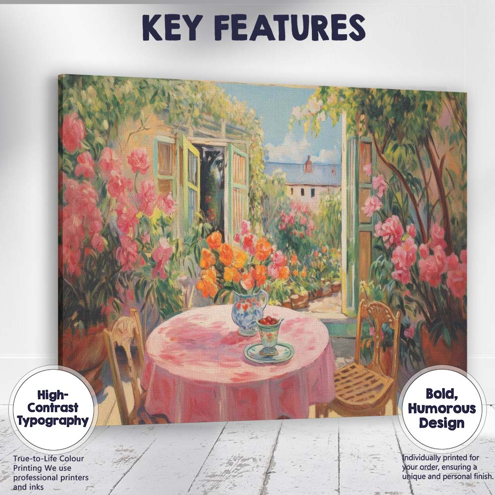 Sunlit Garden Patio With Open French Doors Floral Impressionist Canvas Wall Art Print Decor Picture Ready to Hang