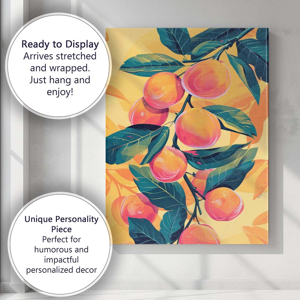 Peach Branch Botanical Fruit Illustration Modern Canvas Wall Art Print Decor Picture Ready to Hang