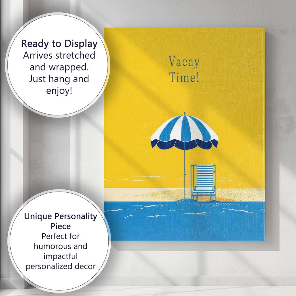 Vacay Time Beach Chair Umbrella Minimalist Summer Canvas Wall Art Print Decor Picture Ready to Hang