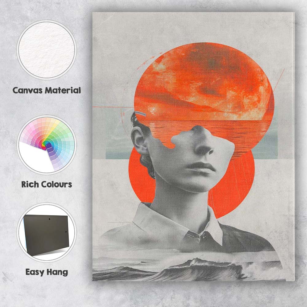 Surreal Monochrome Portrait With Red Moon Ocean Collage Canvas Wall Art Print Decor Picture Ready to Hang