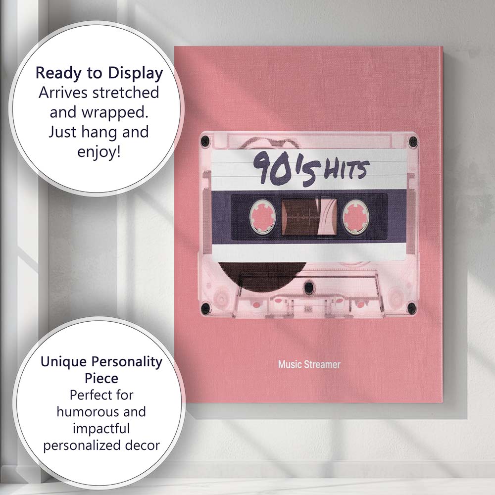 Retro Pink Nineties Hits Cassette Tape Music Typography Canvas Wall Art Print Decor Picture Ready to Hang