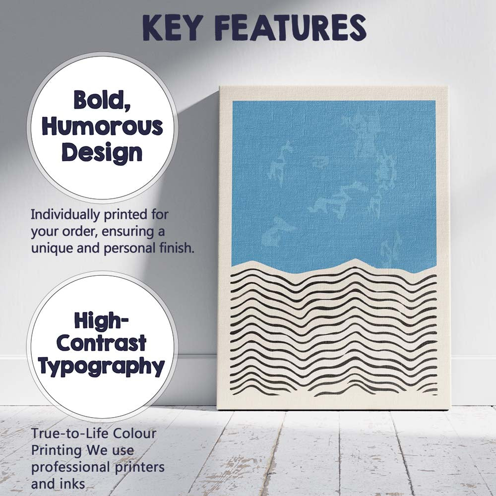 Minimalist Blue Wavy Line Abstract Geometric Canvas Wall Art Print Decor Picture Ready to Hang