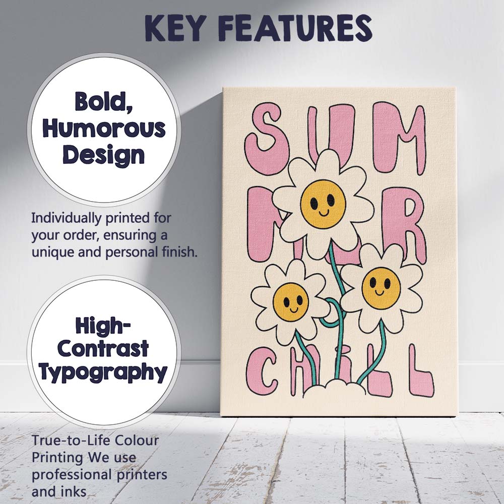 Summer Chill Smiling Daisy Typography Retro Floral Canvas Wall Art Print Decor Picture Ready to Hang