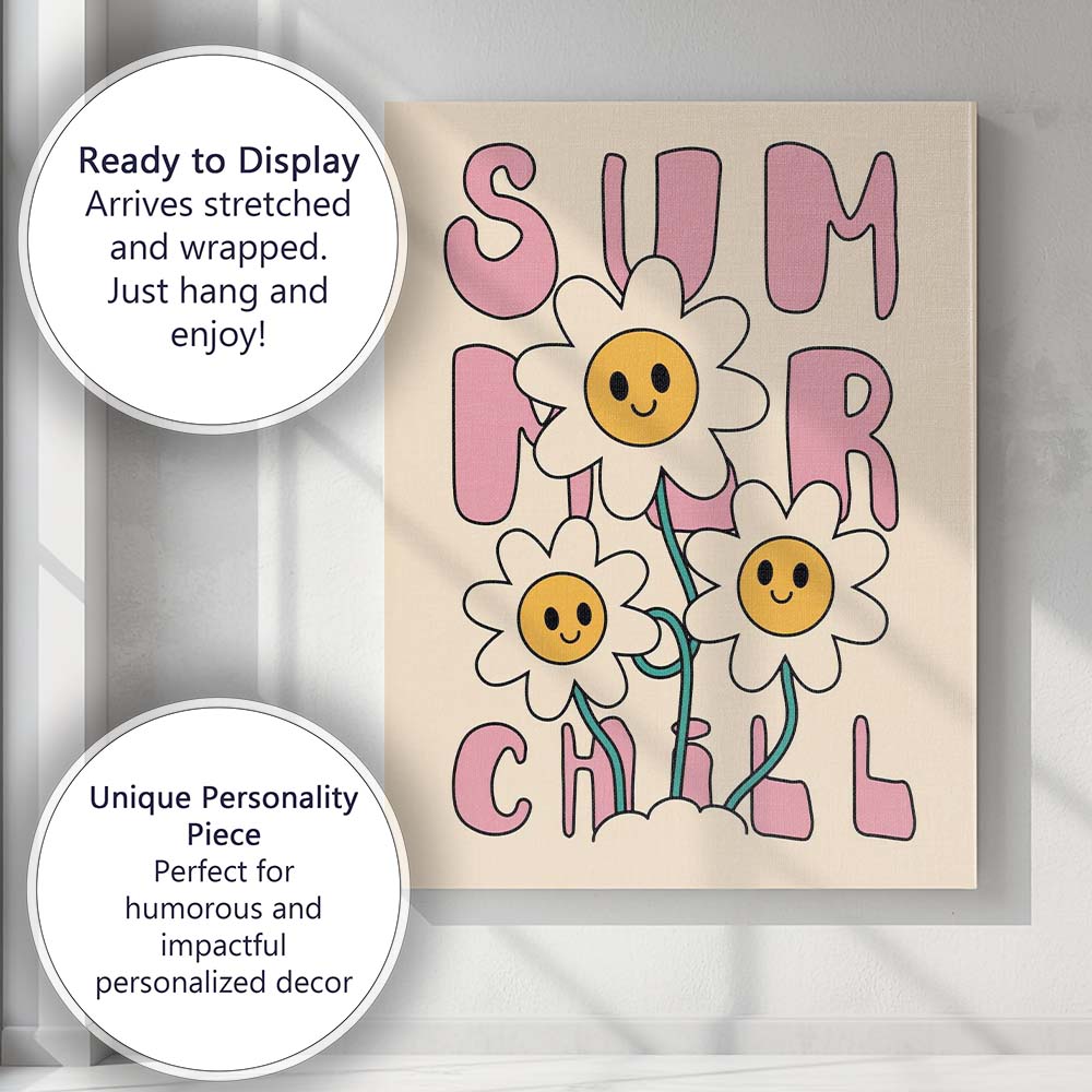 Summer Chill Smiling Daisy Typography Retro Floral Canvas Wall Art Print Decor Picture Ready to Hang