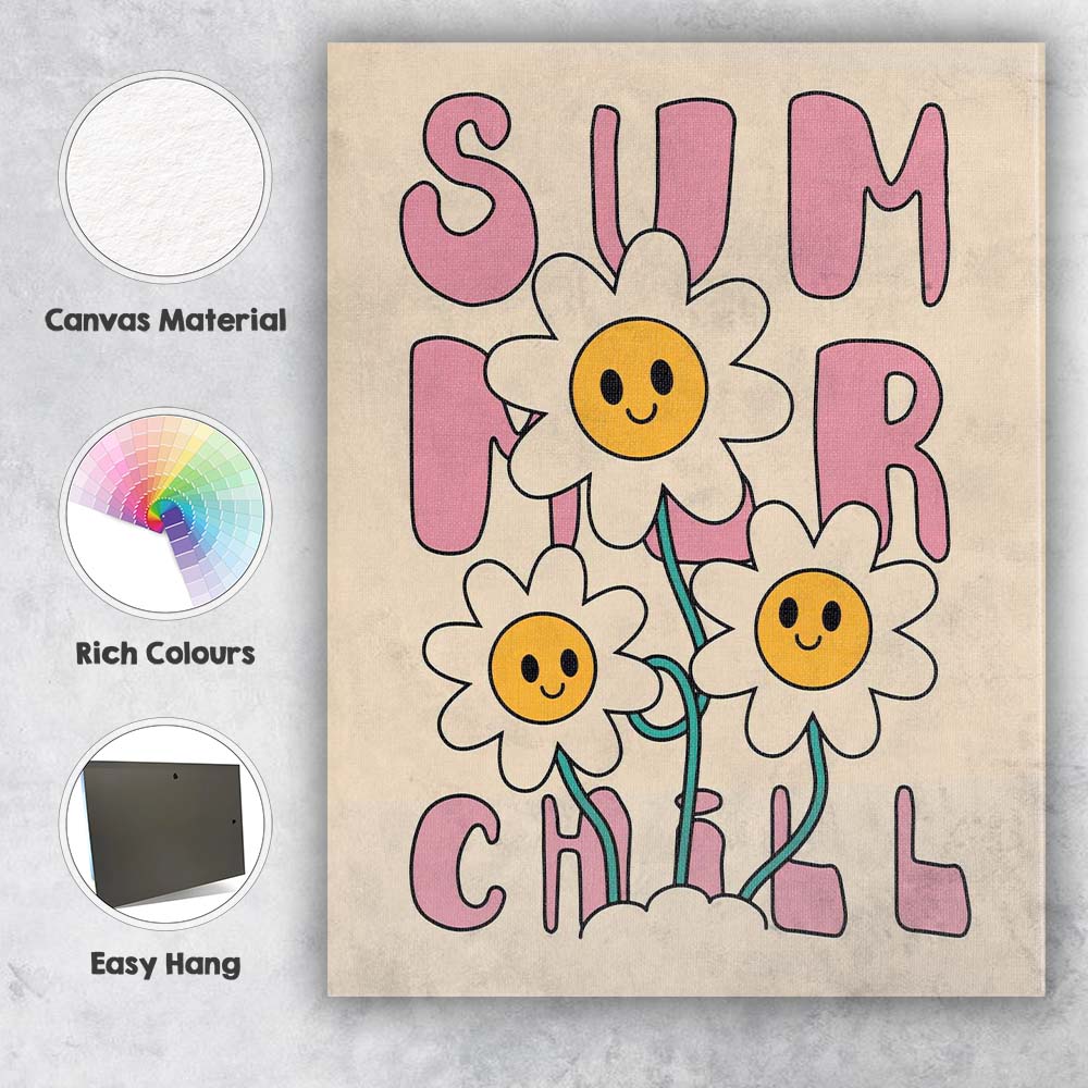 Summer Chill Smiling Daisy Typography Retro Floral Canvas Wall Art Print Decor Picture Ready to Hang