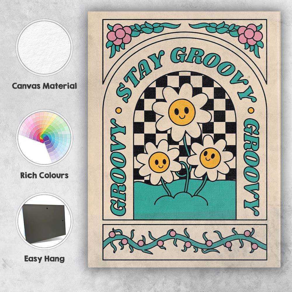 Stay Groovy Smiling Daisy Floral Retro Typography Canvas Wall Art Print Decor Picture Ready to Hang