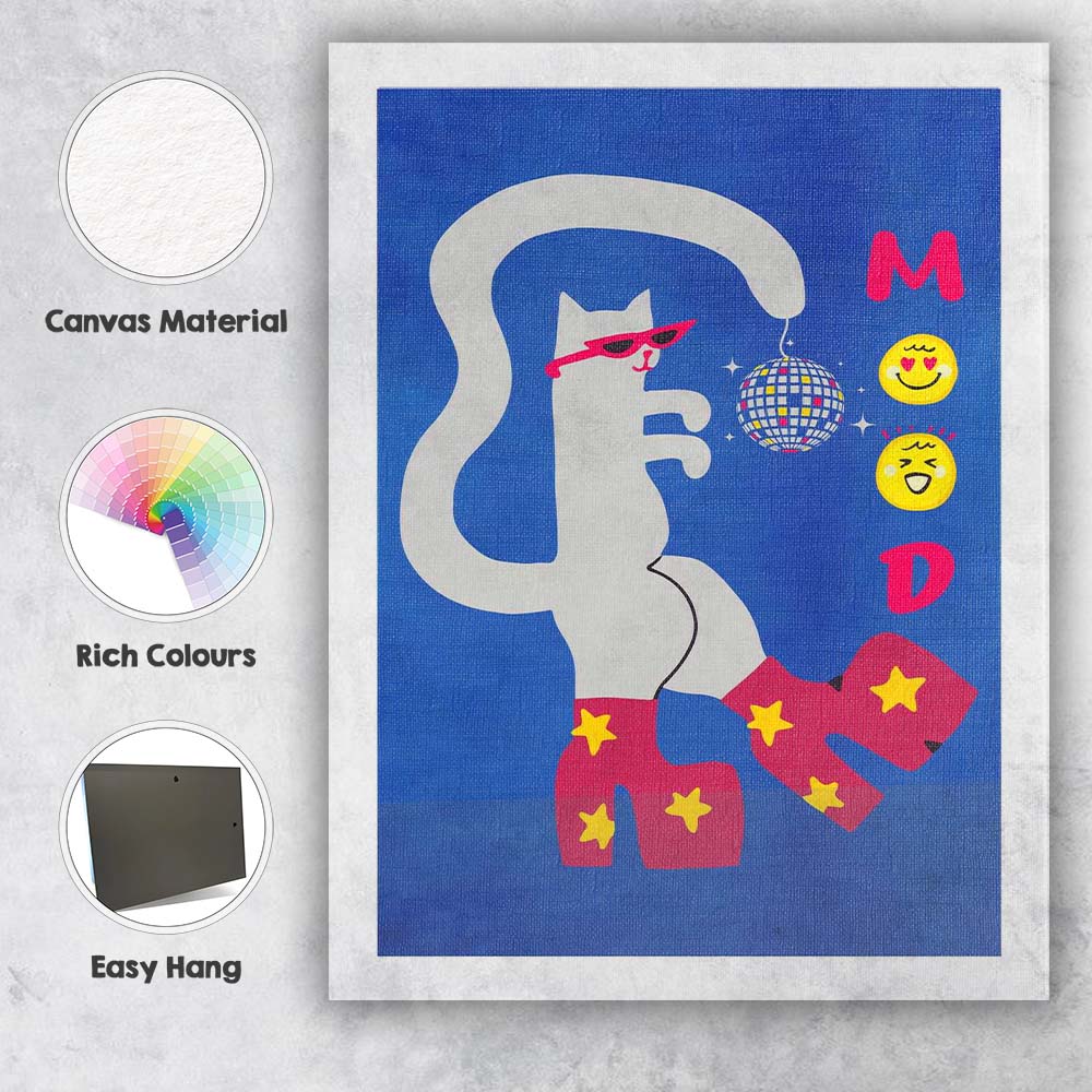 Disco Cat Wearing Sunglasses Retro Party Illustration Canvas Wall Art Print Decor Picture Ready to Hang