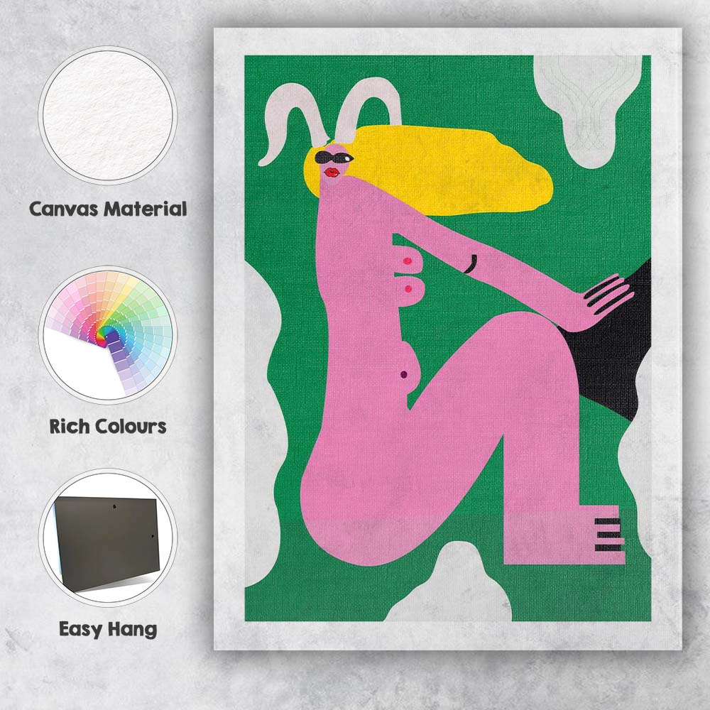 Abstract Pink Woman With Bunny Ears Contemporary Figurative Illustration Canvas Wall Art Print Decor Picture Ready to Hang