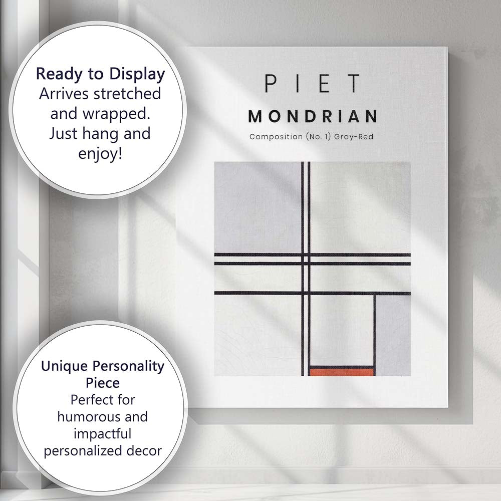Piet Mondrian Composition Number One Grey Red Minimalist Abstract Canvas Wall Art Print Decor Picture Ready to Hang